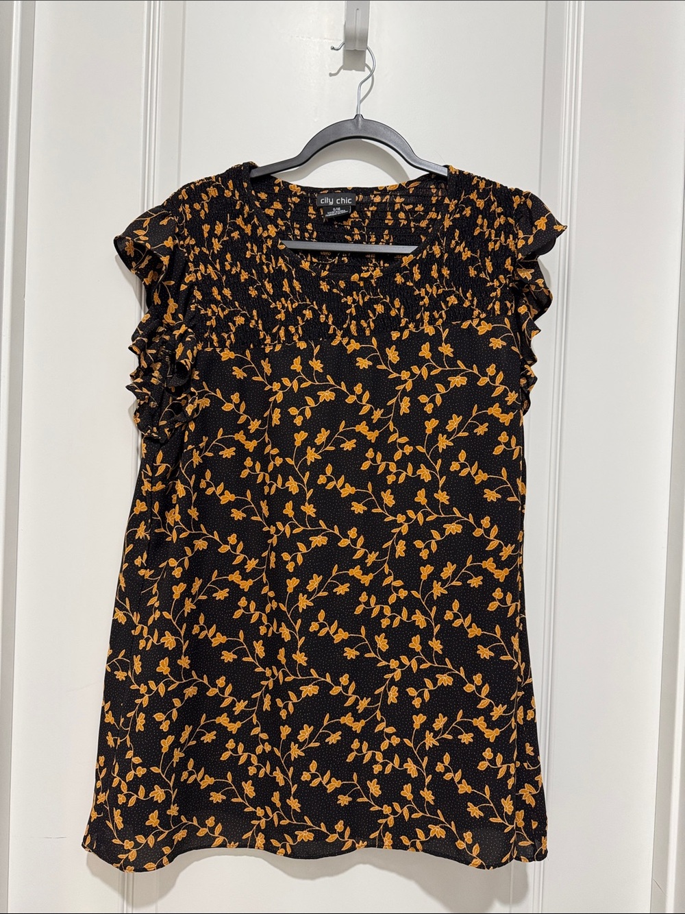 City Chic Black Top with Gold Vine Print and Ruffle Sleeves size 16